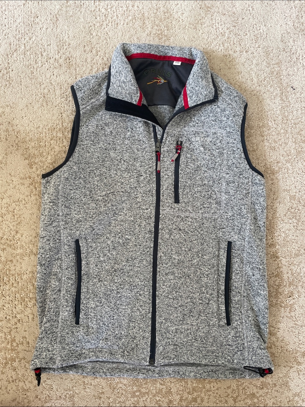 Orvis Gray Heather Zip-Up Fleece Vest with Red Trim